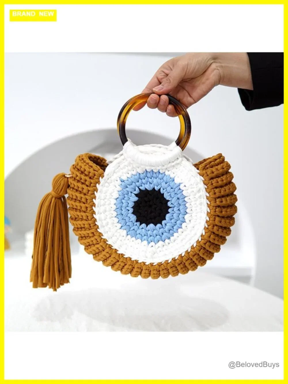 Handwoven Chunky Yarn Knitted Hobo Bag with Evil Eye Pattern Detachable Tassel